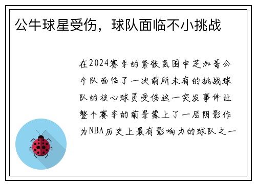 公牛球星受伤，球队面临不小挑战