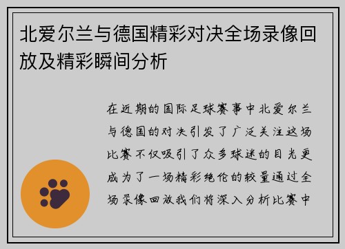 北爱尔兰与德国精彩对决全场录像回放及精彩瞬间分析