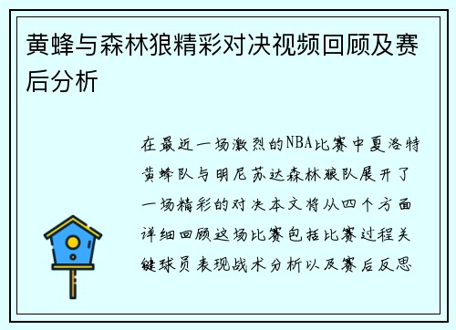 黄蜂与森林狼精彩对决视频回顾及赛后分析