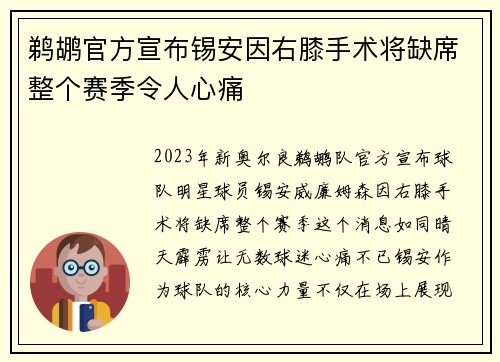 鹈鹕官方宣布锡安因右膝手术将缺席整个赛季令人心痛